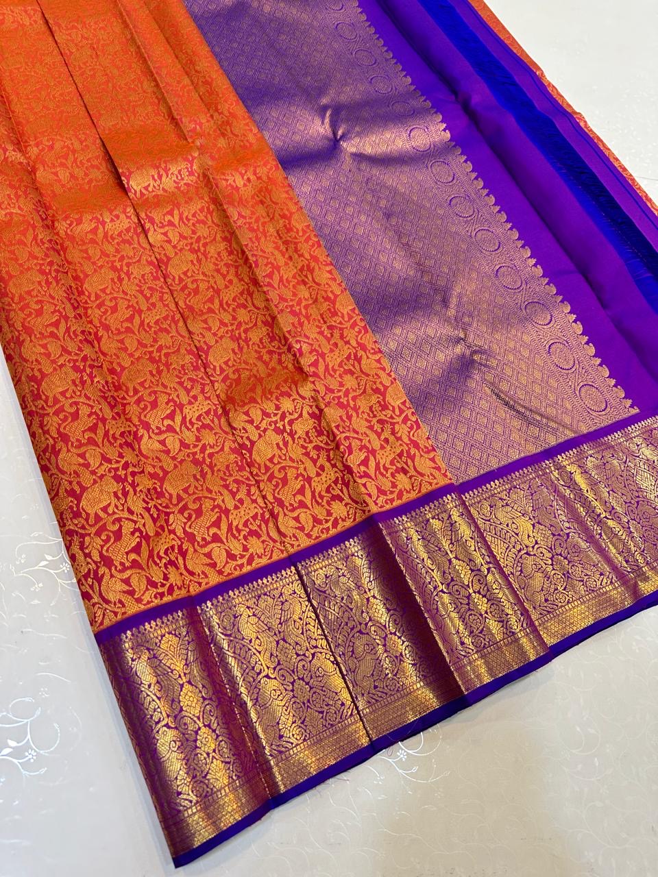 Classic Orange & Violet Elegance Kanchipuram Handloom Silk Saree SS24699