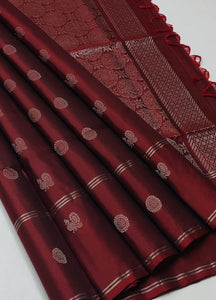 Classic Brick Red Double Warp Elegance Handloom Soft Silk Saree SS23526