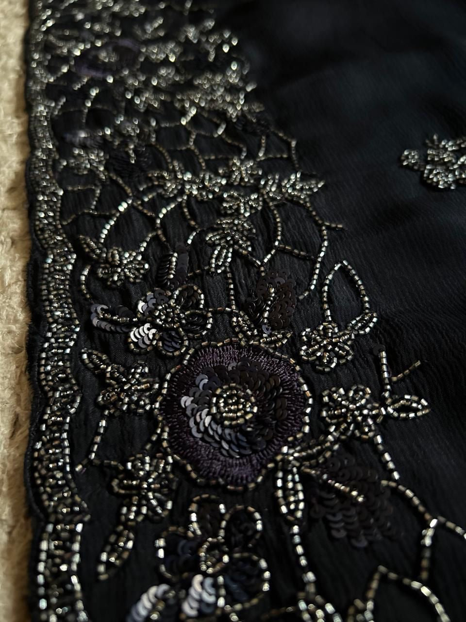 Classic Charcoal Black Elegance Chinnon Crepe Chiffon Silk Saree SS25399