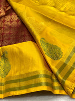 Load image into Gallery viewer, Classic Maroon Red &amp; Sunny Yellow 2gm Zari Bridal Elegance Kanchipuram Handloom Silk Saree SS25834
