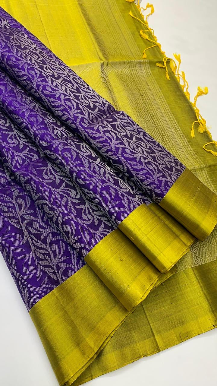 Classic Violet & Lime Green Elegance Handloom Soft Silk Saree SS24300