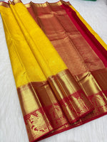 Load image into Gallery viewer, Classic Golden Yellow &amp; Chilli Red Korvai Zari Bridal Elegance Kanchipuram Handloom Silk Saree SS26024

