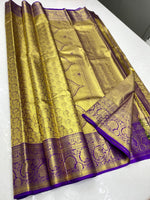 Load image into Gallery viewer, Shimmer Gold &amp; Violet 1gm Zari Elegance Kanchipuram Handloom Silk Saree SS24239
