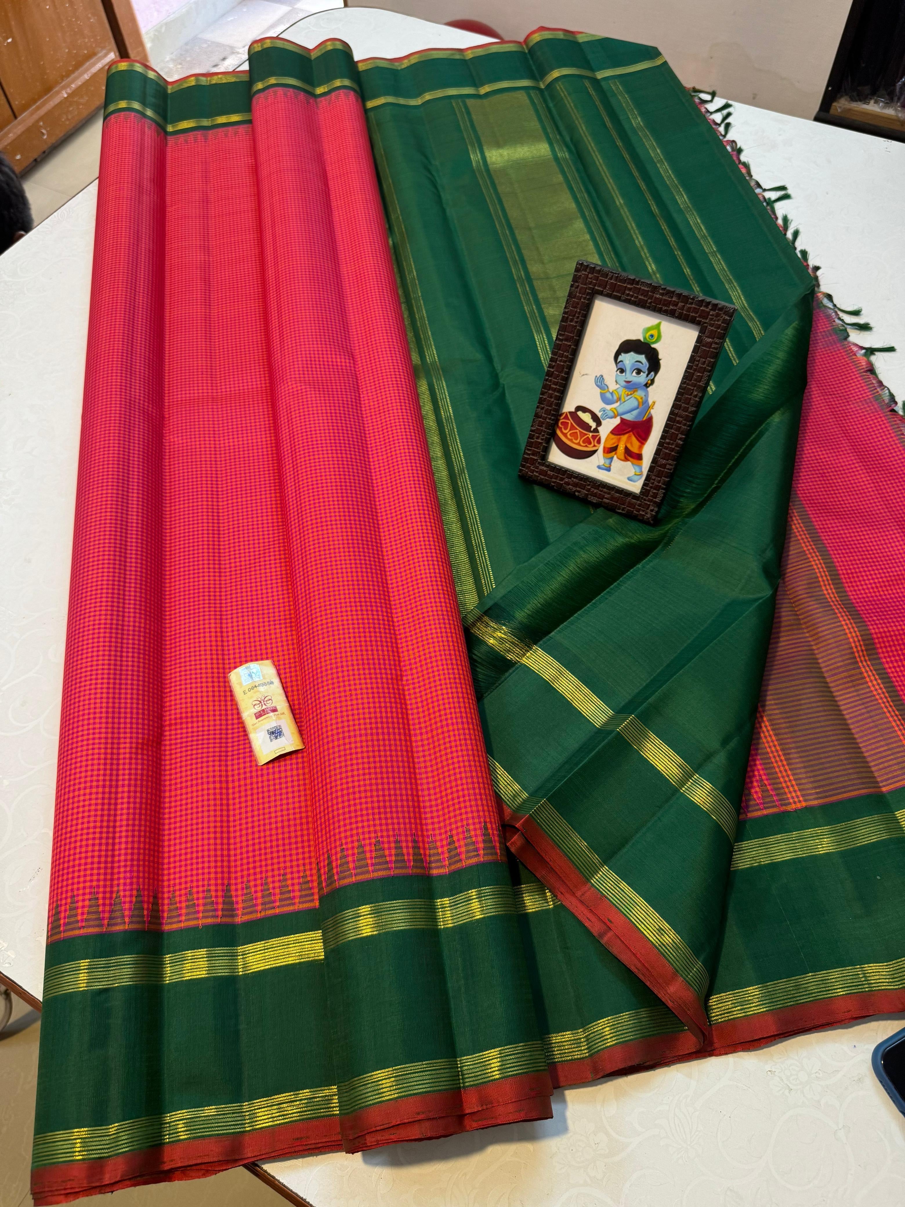 Tomato Red & Dark Green 2gm Zari Elegance Kanchipuram Handloom Silk Saree SS24663