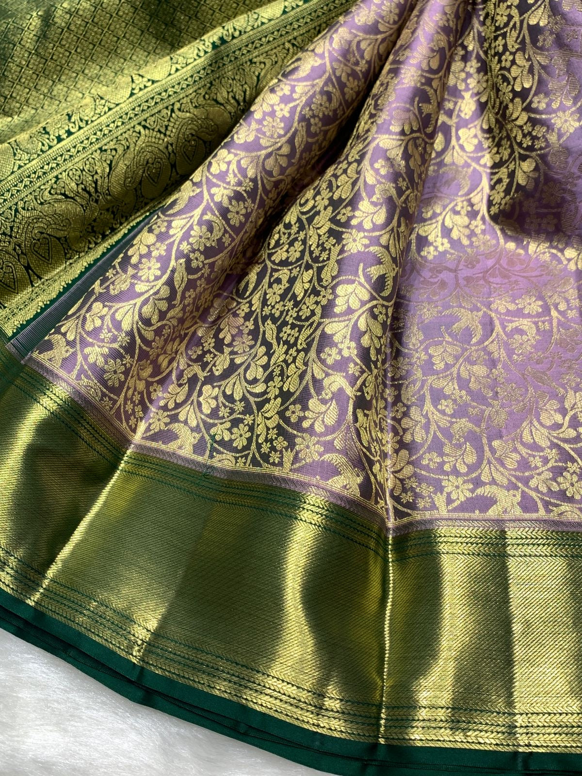 Classic Lavender & Bottle Green 2gm Zari Bridal Elegance Kanchipuram Handloom Silk Saree SS25360
