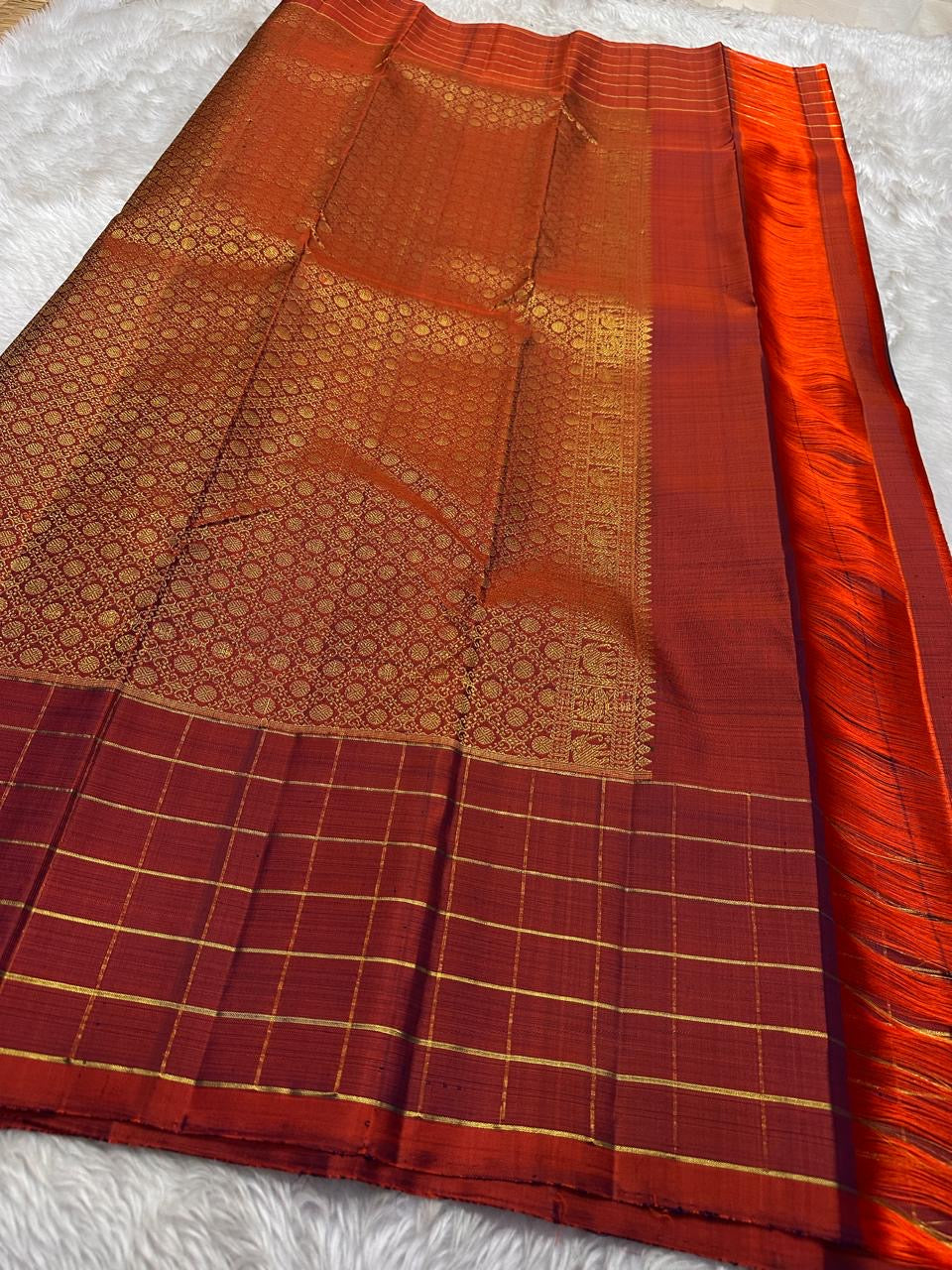 Classic Navy Blue & Brick Orange Kanchipuram Handloom Silk Saree SS25904