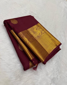 Dark Cherry Red Double Shaded 2gm Zari Bridal Elegance Kanchipuram Handloom Silk Saree SS23653