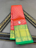 Load image into Gallery viewer, Classic Orange Rose &amp; Sea Green Bridal Elegance Kanchipuram Handloom Silk Saree SS23597
