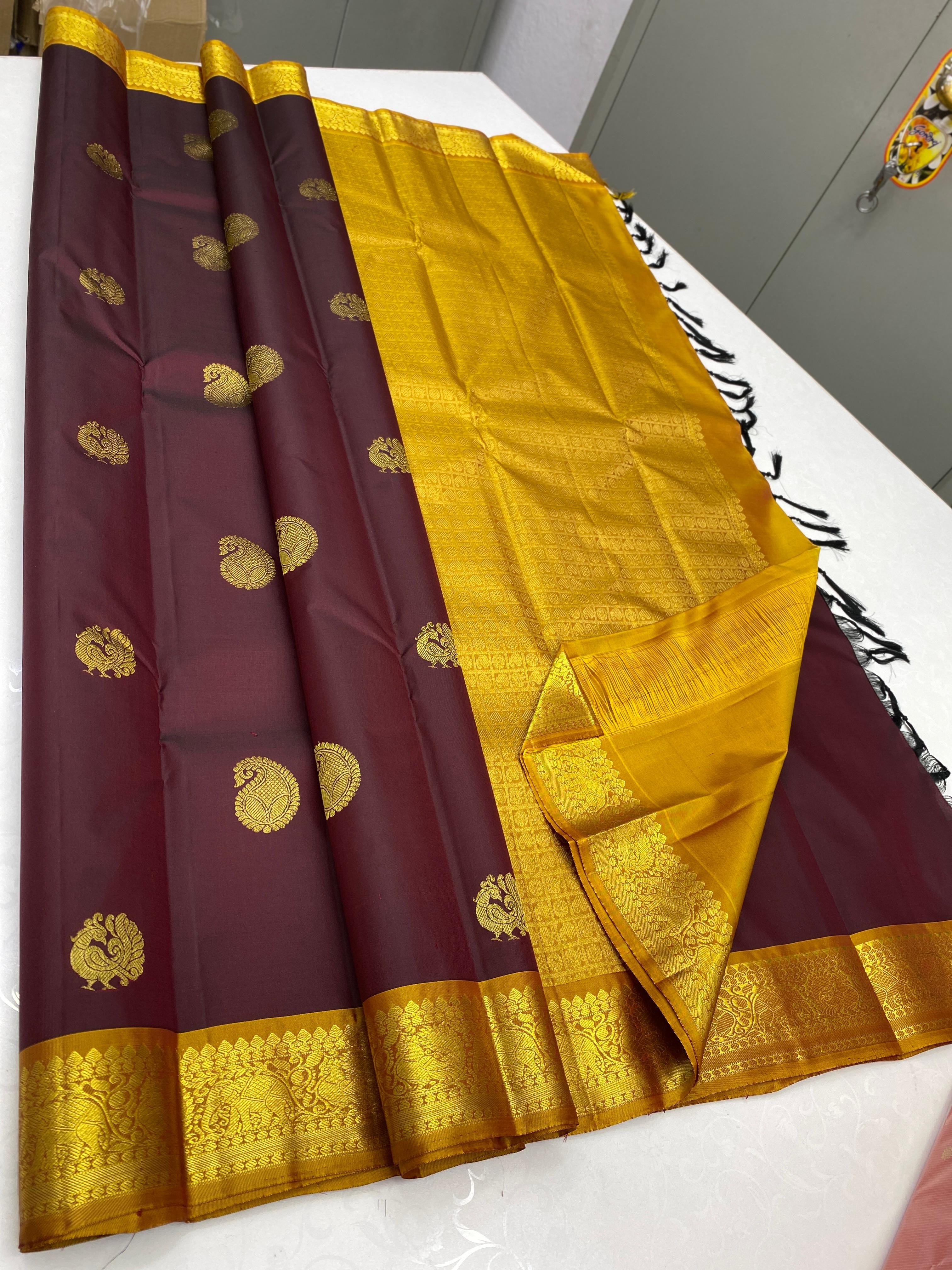 Classic Coffee Brown & Yellow 2gm Zari Elegance Kanchipuram Handloom Silk Saree SS23754