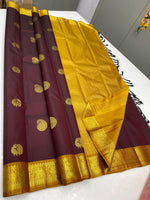 Load image into Gallery viewer, Classic Coffee Brown &amp; Yellow 2gm Zari Elegance Kanchipuram Handloom Silk Saree SS23754
