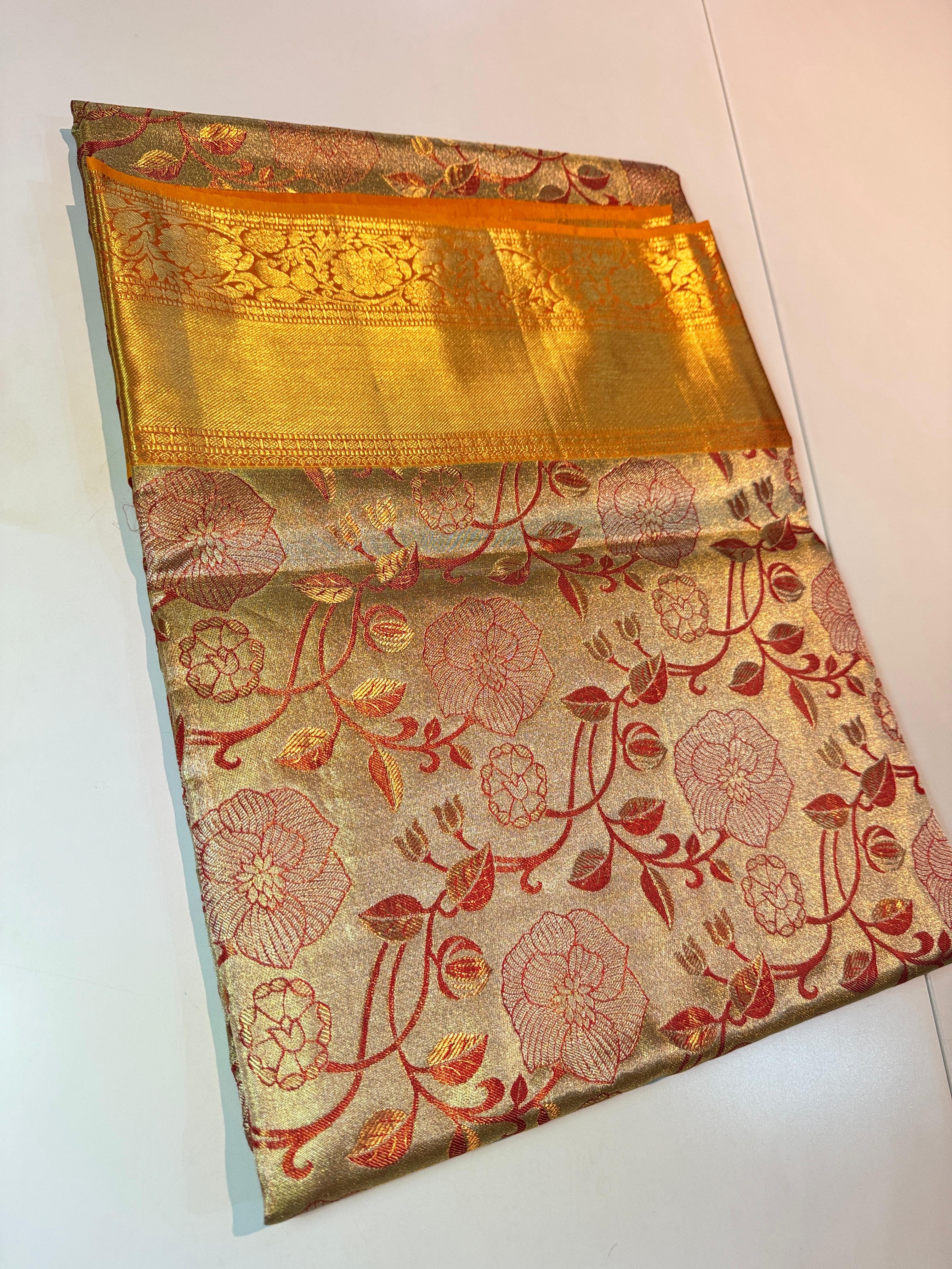 Classic Shimmer Mustard Elegance Kanchipuram Tissue Handloom Silk Saree SS24510