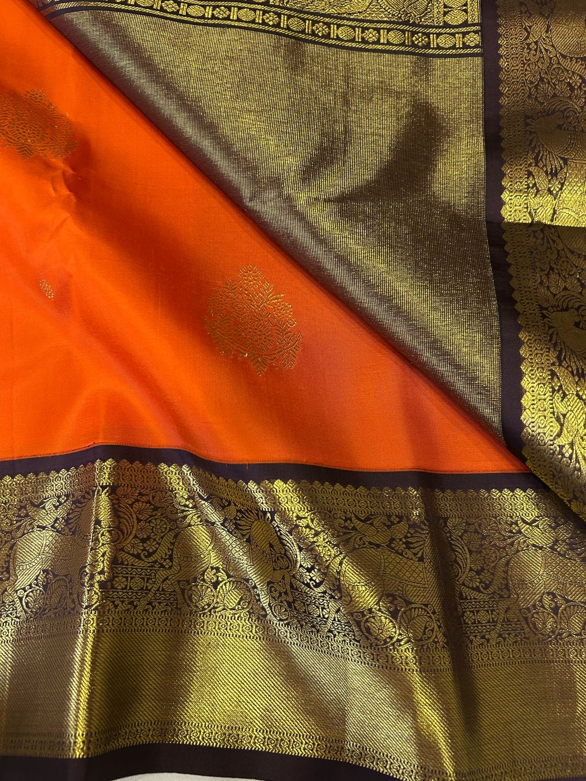 Classic Orange & Dark Brown 2gm Zari Korvai Bridal Elegance Kanchipuram Handloom Silk Saree SS24482