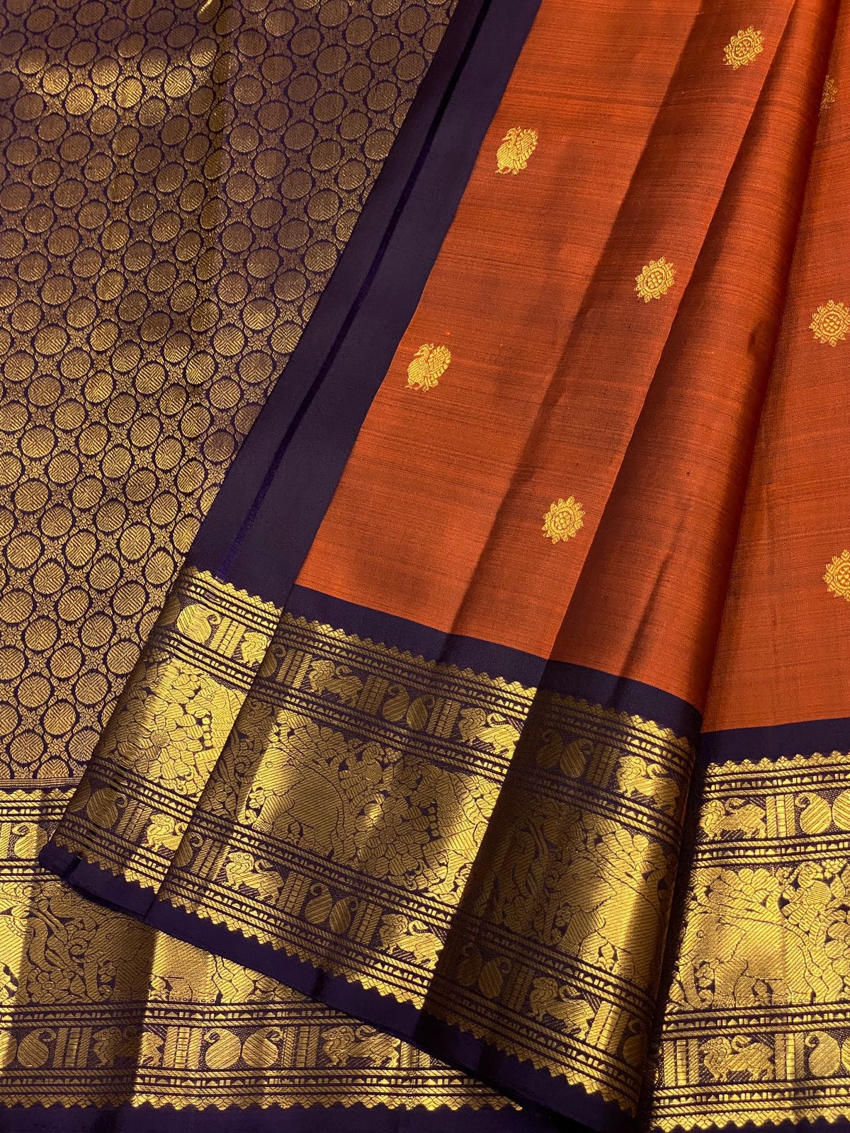 Classic Brick Red & Navy Blue 2gm Zari Kanchipuram Handloom Silk Saree SS25549