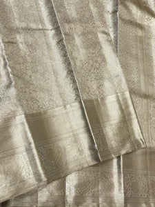 Classic Pastel Silver Grey 2gm Zari Bridal Designer Brocade Elegance Kanchipuram Tissue Handloom Silk Saree SS24207