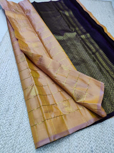 Classic Creamy Corn Beige Dual Shaded & Navy Blue Elegance Kanchipuram Handloom Silk Saree SS23484