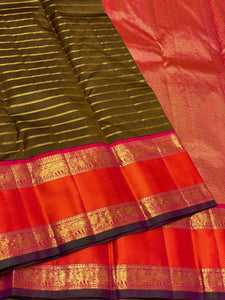 Classic Cocoa Brown & Orange Pink 3gm Zari Vaira Oosi Beldari Design Elegance Kanchipuram Handloom Silk Saree SS24445