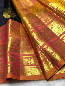 Classic Charcoal Black & Mustard 2gm Zari Kanchipuram Handloom Silk Saree SS25829