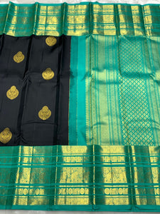 Classic Charcoal Black & Sea Green 2gm Zari Kanchipuram Handloom Silk Saree SS25830