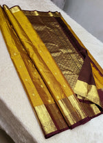 Load image into Gallery viewer, Classic Mustard Yellow &amp; Dark Brown 2gm Zari Kanchipuram Handloom Silk Saree SS26368
