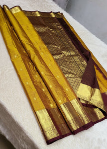 Classic Mustard Yellow & Dark Brown 2gm Zari Kanchipuram Handloom Silk Saree SS26368