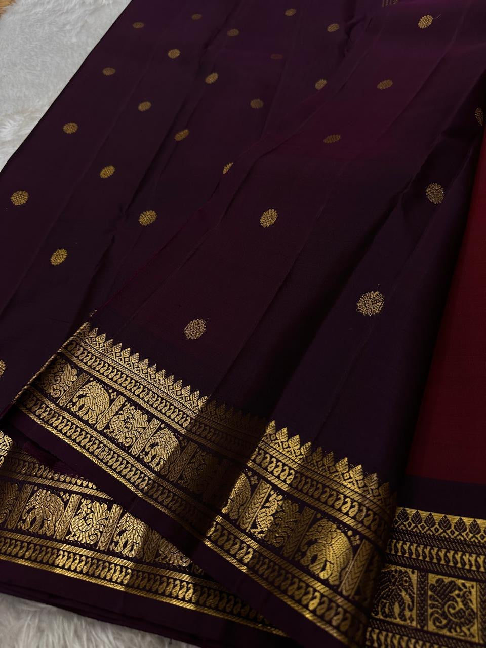 Classic Cherry Red & Dark Plum Elegance Kanchipuram Handloom Silk Saree SS24838