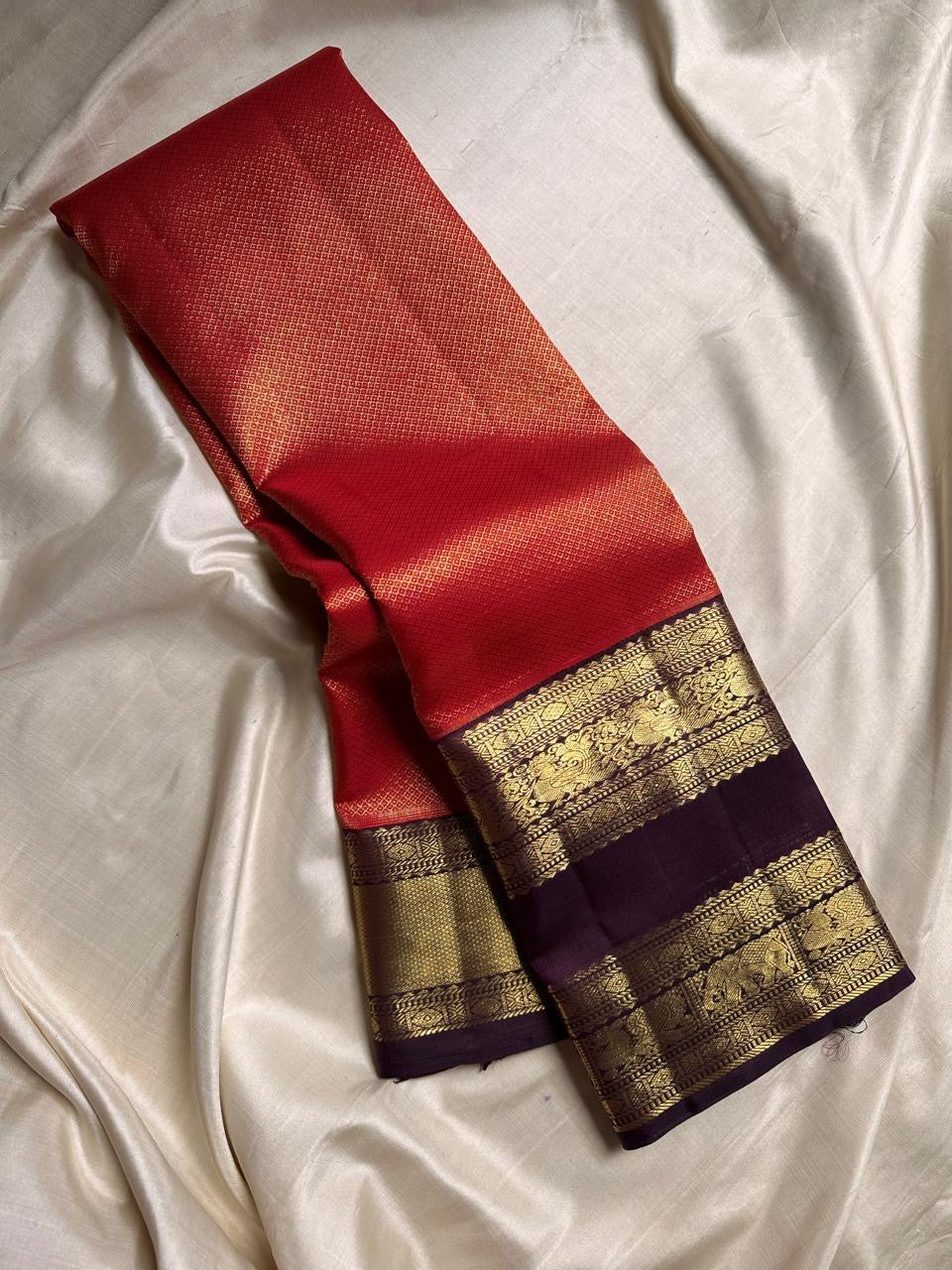 Classic Tangy Orange & Coffee Brown Elegance Kanchipuram Handloom Silk Saree SS24448