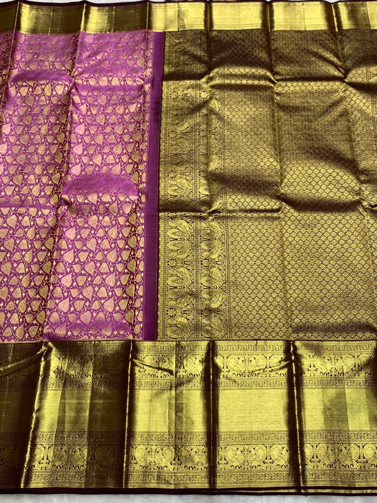 Classic Creamy Pink & Mahogany Red 2gm Zari Kanchipuram Handloom Silk Saree SS26003