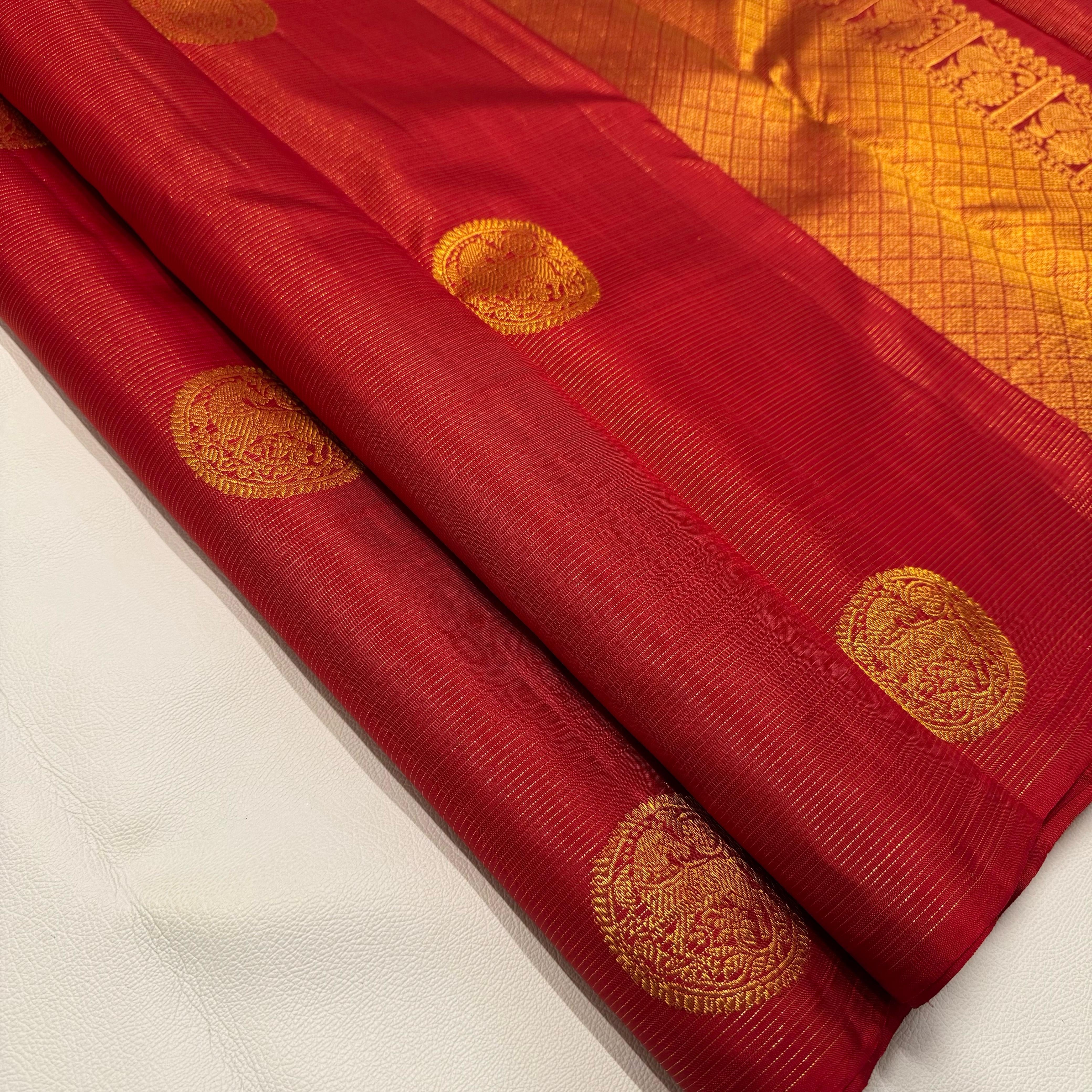 Classic Crimson Red 1gm Zari Vaira Oosi Checks Elegance Kanchipuram Handloom Silk Saree SS24470