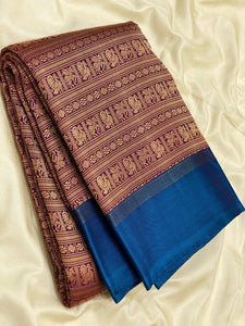 Classic Dark Plum & Azure Blue 2gm Zari Elegance Kanchipuram Handloom Silk Saree SS24689