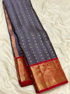 Classic Slate Grey & Red Elegance Kanchipuram Silk Saree SS24211