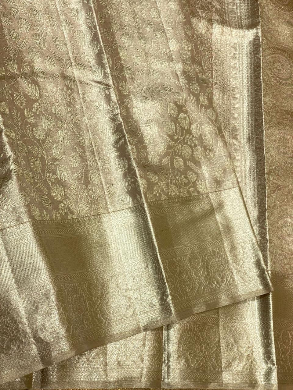 Classic Pastel Cocoa 2gm Zari Bridal Designer Brocade Elegance Kanchipuram Tissue Handloom Silk Saree SS24202