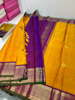 Load image into Gallery viewer, Classic Mango Yellow &amp; Plum 2gm Zari Kanchipuram Handloom Silk Saree SS25995
