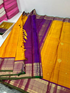 Classic Mango Yellow & Plum 2gm Zari Kanchipuram Handloom Silk Saree SS25995
