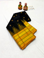 Load image into Gallery viewer, Classic Charcoal Black &amp; Mustard Korvai Temple Border Elegance Kanchipuram Handloom Silk Saree SS27995
