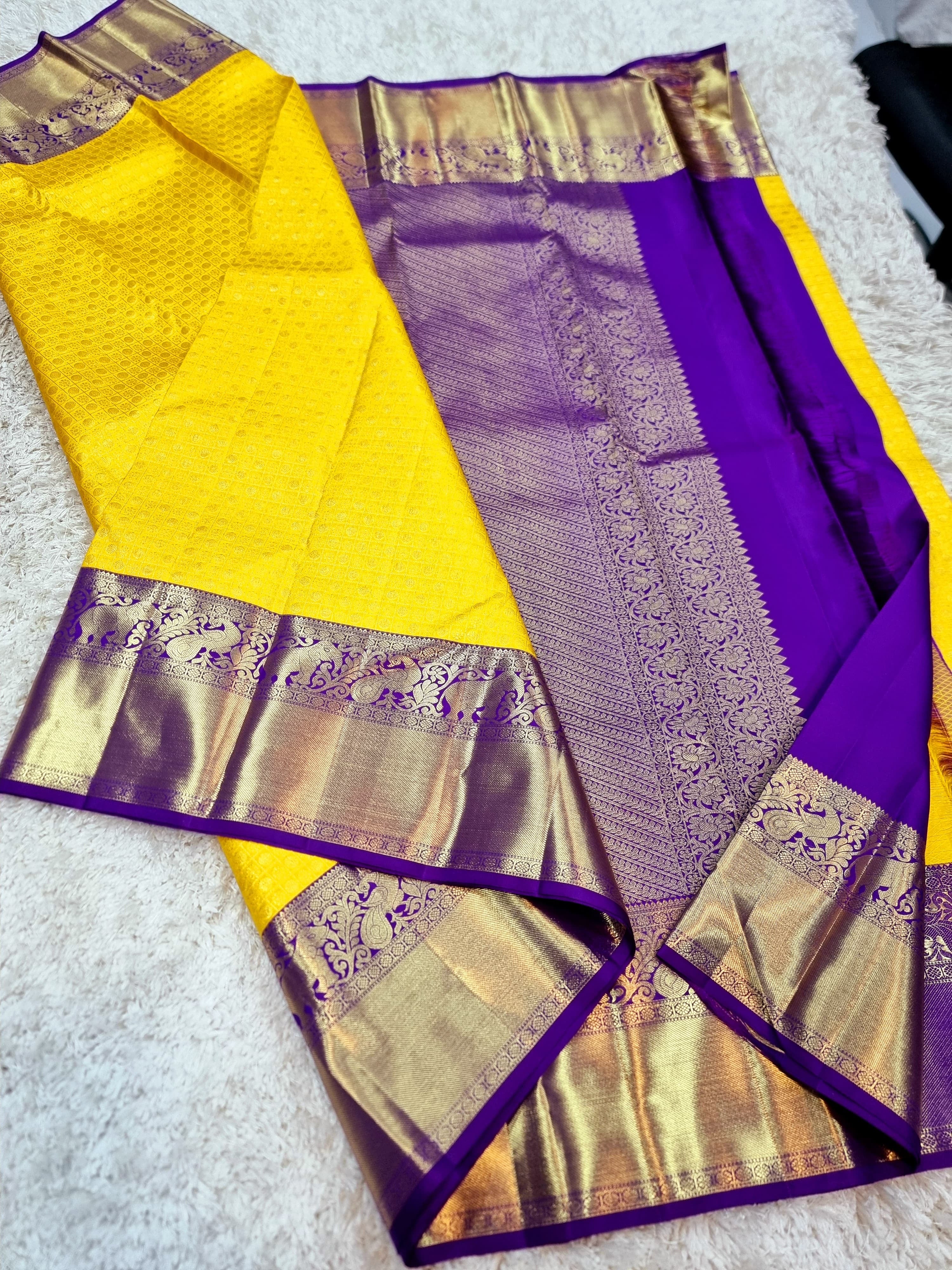 Classic Sunny Yellow & Purple 2gm Zari Bridal Elegance Kanjivaram Handloom Silk Saree SS22929