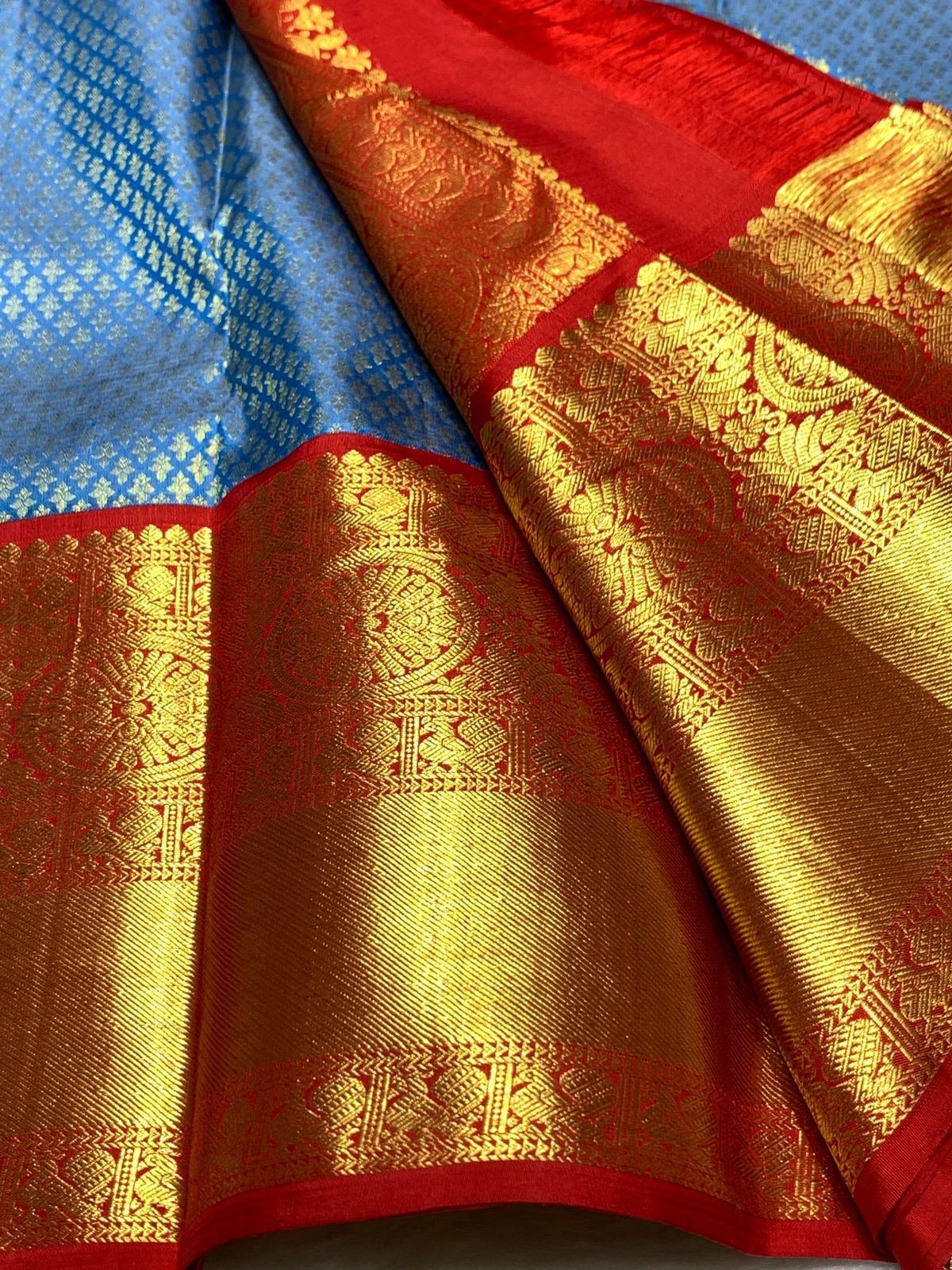 Classic Steel Blue & Brick Red 2gm Zari Bridal Elegance Kanchipuram Handloom Silk Saree SS25835
