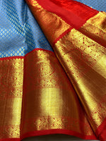 Load image into Gallery viewer, Classic Steel Blue &amp; Brick Red 2gm Zari Bridal Elegance Kanchipuram Handloom Silk Saree SS25835
