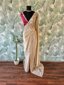 Classic Oatmeal Beige Handwork Elegance Banarasi Tissue Silk Saree SS25397
