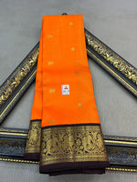 Load image into Gallery viewer, Classic Mandarin Orange &amp; Black Elegance Kanchipuram Handloom Silk Saree SS24437
