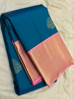 Load image into Gallery viewer, Classic Teal Blue &amp; Rose 2gm Zari Elegance Kanchipuram Handloom Silk Saree SS28646
