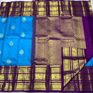 Classic Azure Blue & Jam Plum 2gm Zari Bridal Elegance Kanchipuram Handloom Silk Saree SS22871