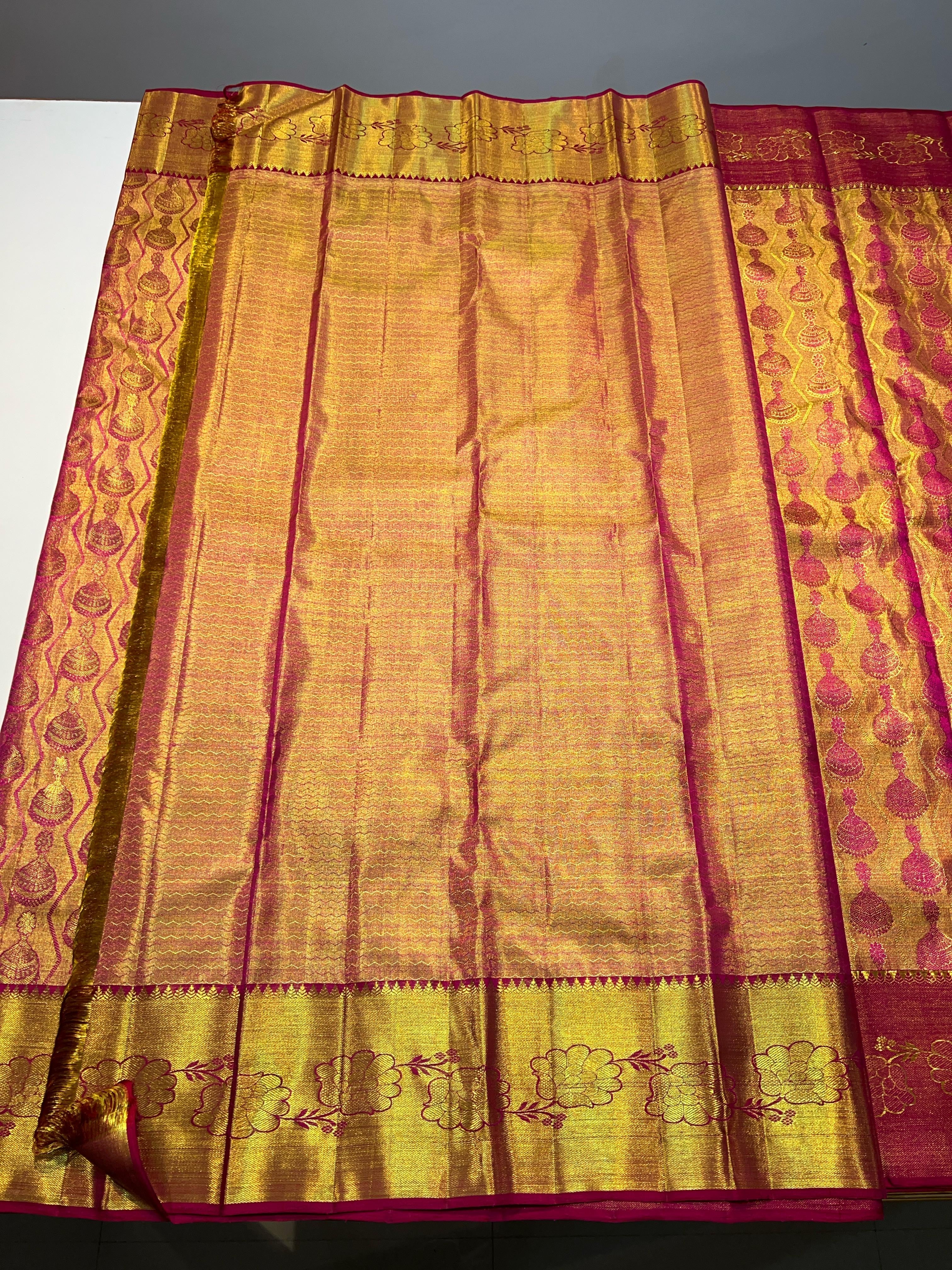 Classic Pink Gold 1gm Zari Bridal Elegance Kanchipuram Tissue Handloom Silk Saree SS24502