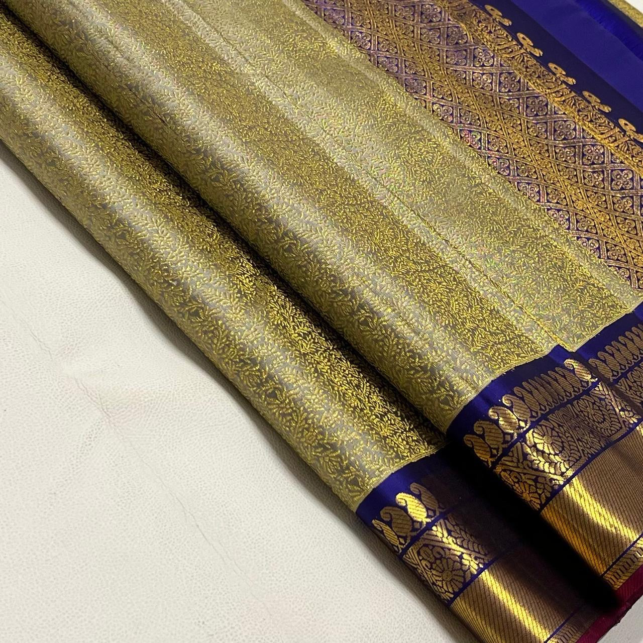 Classic Antique Sand Beige & Royal Blue 1gm Zari Bridal Elegance Kanchipuram Handloom Silk Saree SS23793