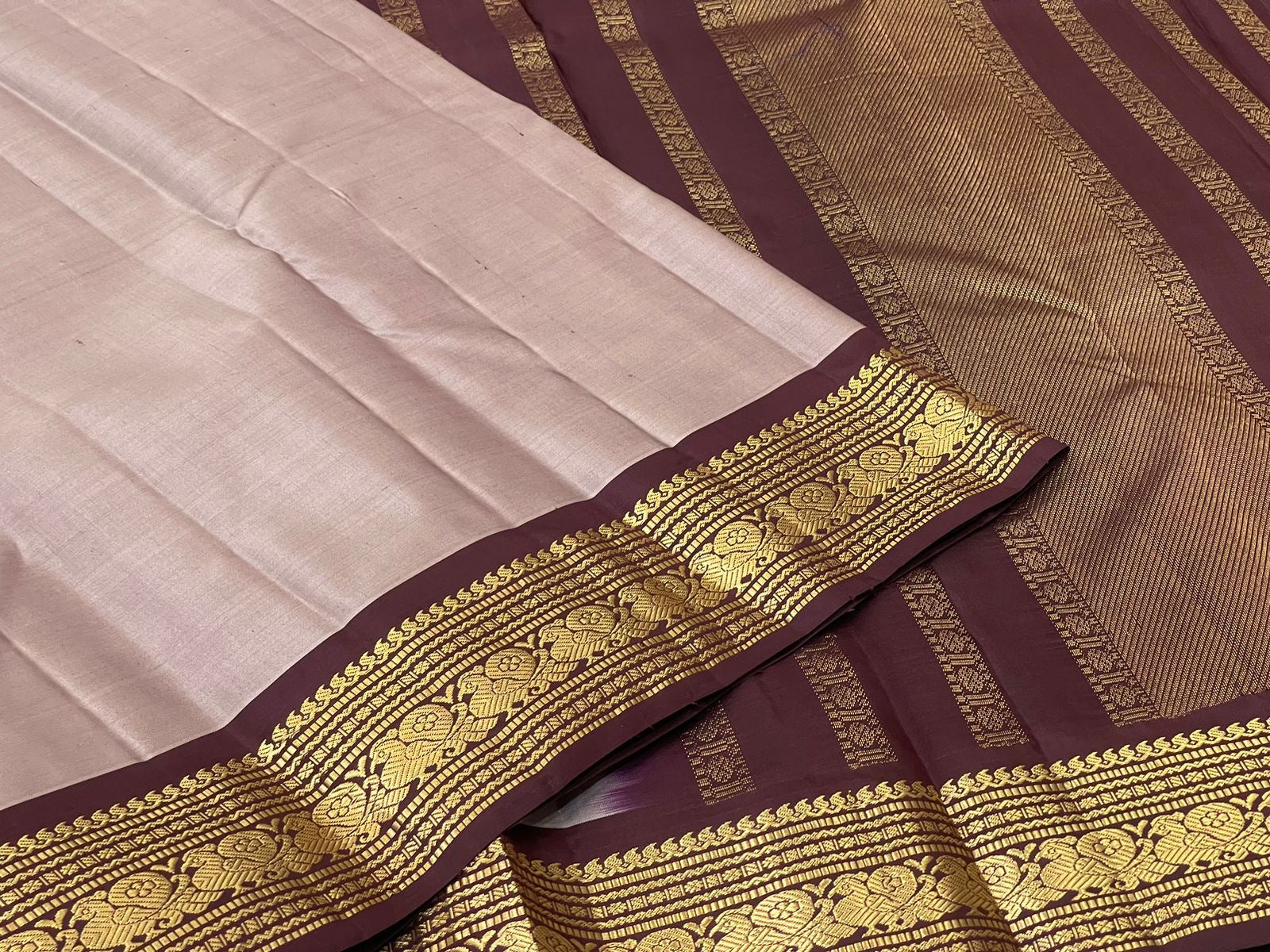 Pastel Cocoa & Dark Chocolate Elegance Kanchipuram Handloom Silk Saree SS24460