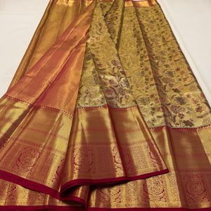 Classic Golden Cream & Maroon Korvai 1gm Zari Bridal Elegance Kanchipuram Tissue Handloom Silk Saree SS26299