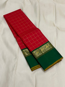 Classic Tomato Red & Green Vintage Silver Checks Korvai 1gm Zari Kanchipuram Handloom Silk Saree SS26274