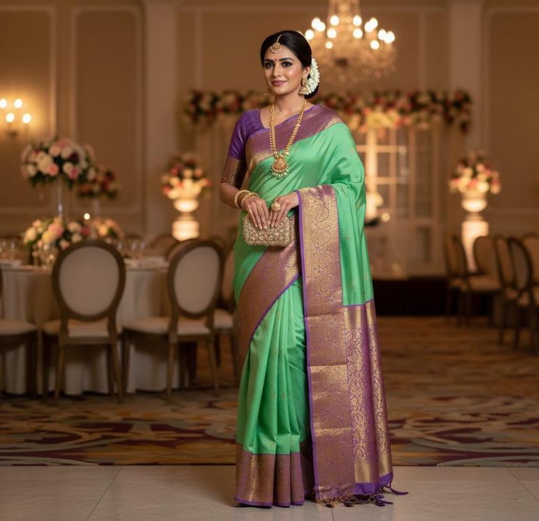 Classic Rama Green & Lavender 1gm Zari Kanchipuram Handloom Silk Saree SS26459