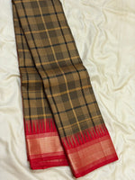 Load image into Gallery viewer, Classic Mustard Checker &amp; Deep Red Madras Multichecker Elegance Kanchipuram Handloom Silk Saree SS27372

