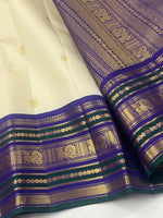 Load image into Gallery viewer, Classic Cream &amp; Bluish Violet 2gm Zari Elegance Kanchipuram Handloom Silk Saree SS27358
