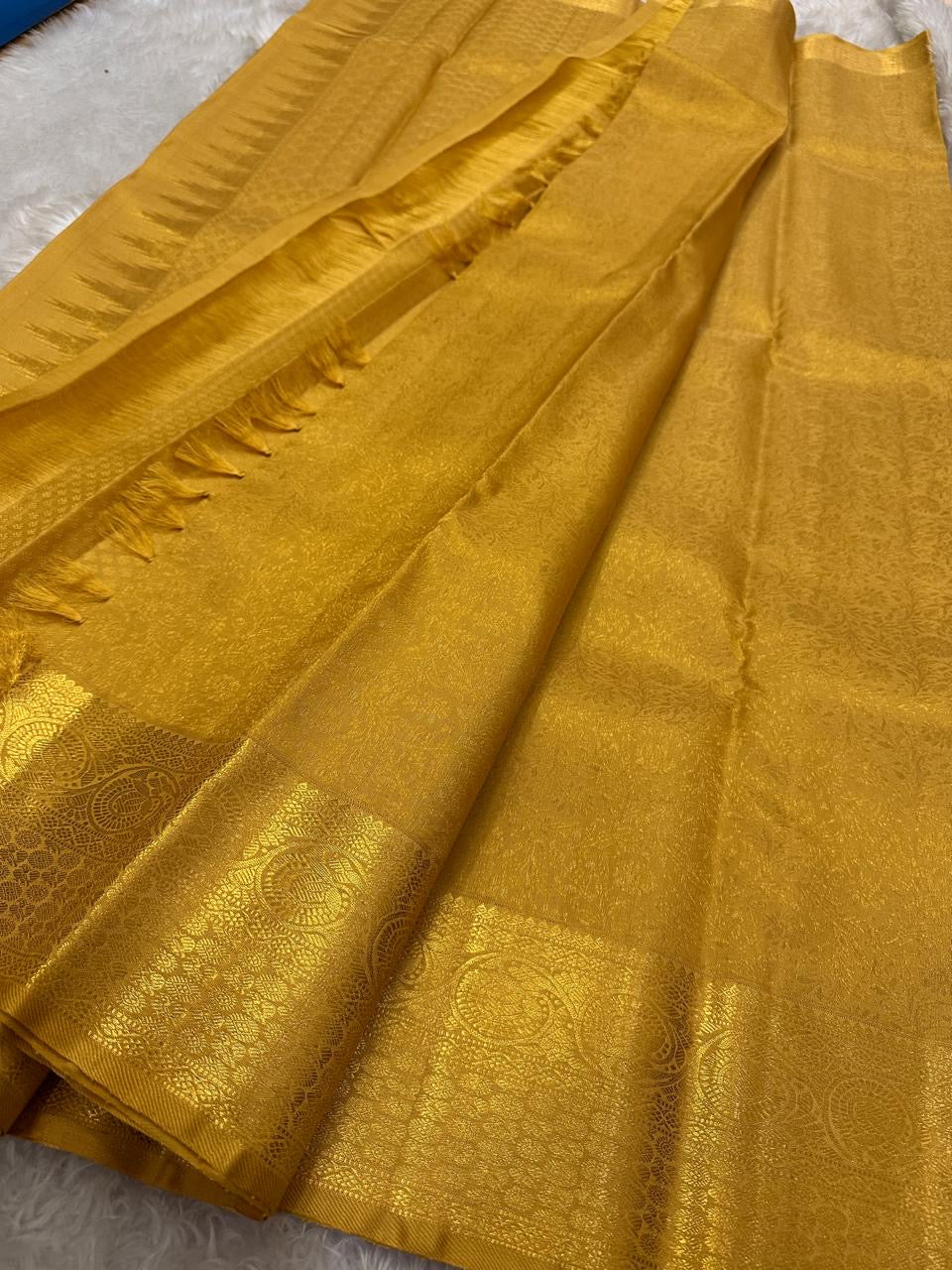 Classic Pale Yellow 2gm Zari Elegance Kanchipuram Handloom Silk Saree SS24804